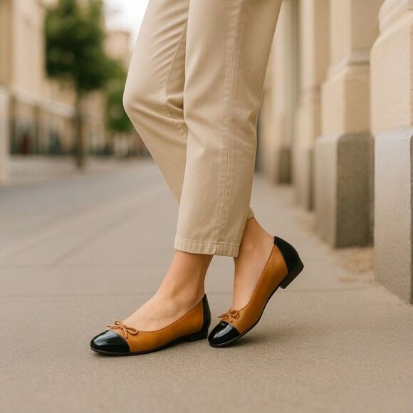 Circa Joan & David Women’s Size 9M Ballet Flats Cognac Leather Black Patent Toe - Picture 1 of 9